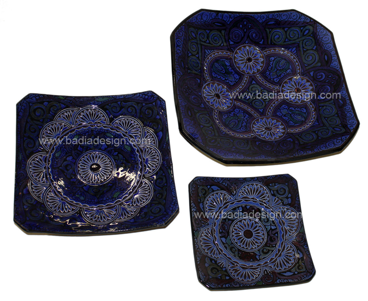 Blue Hand Painted Carved Ceramic Square Plate