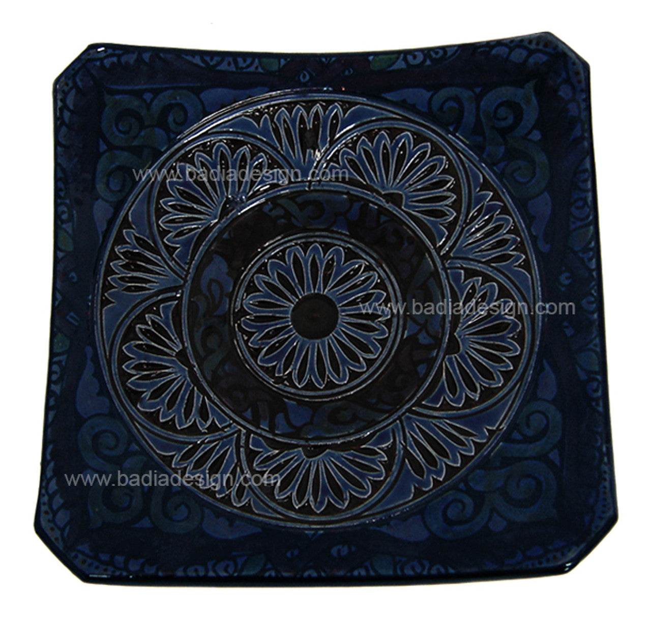 Blue Hand Painted Carved Ceramic Square Plate