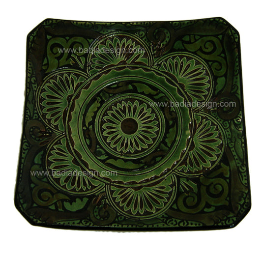 Green Hand Painted Carved Ceramic Square Plate
