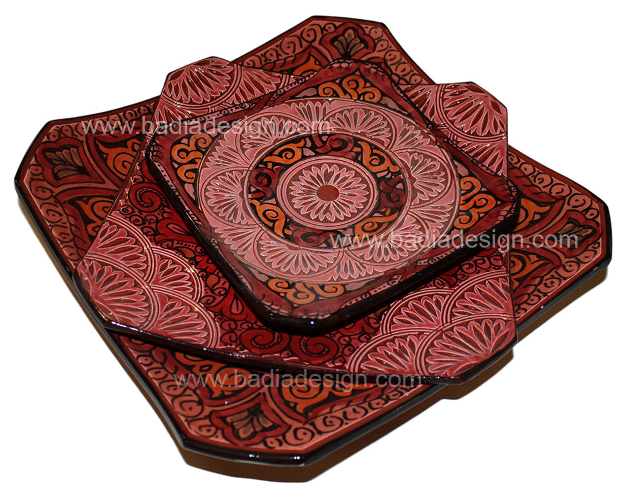 Red Hand Painted Carved Ceramic Square Plate
