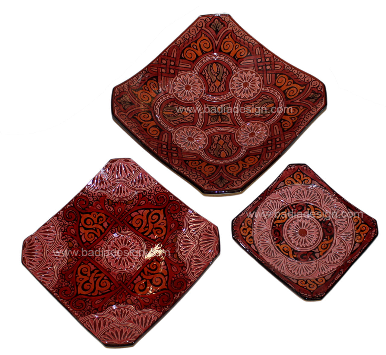 Red Hand Painted Carved Ceramic Square Plate