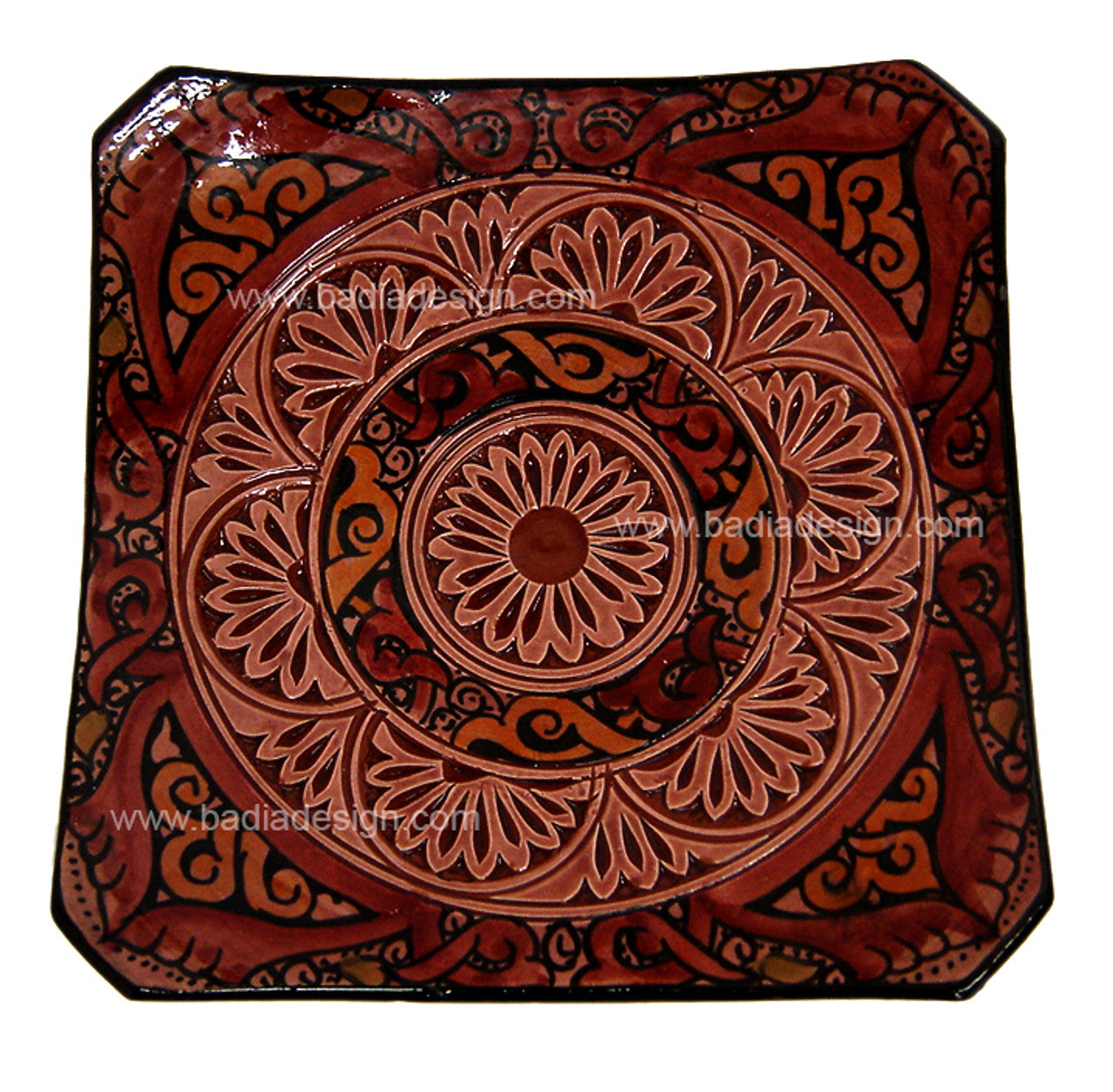 Red Hand Painted Carved Ceramic Square Plate