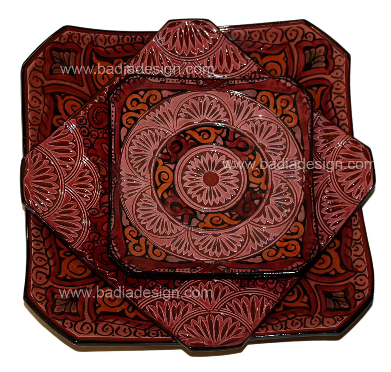 Red Hand Painted Carved Ceramic Square Plate