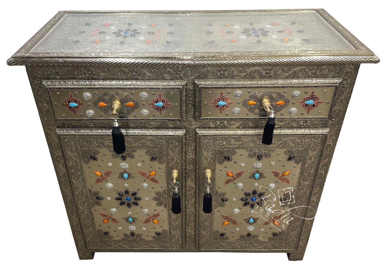 Embossed Metal and Bone Inlay Cabinet