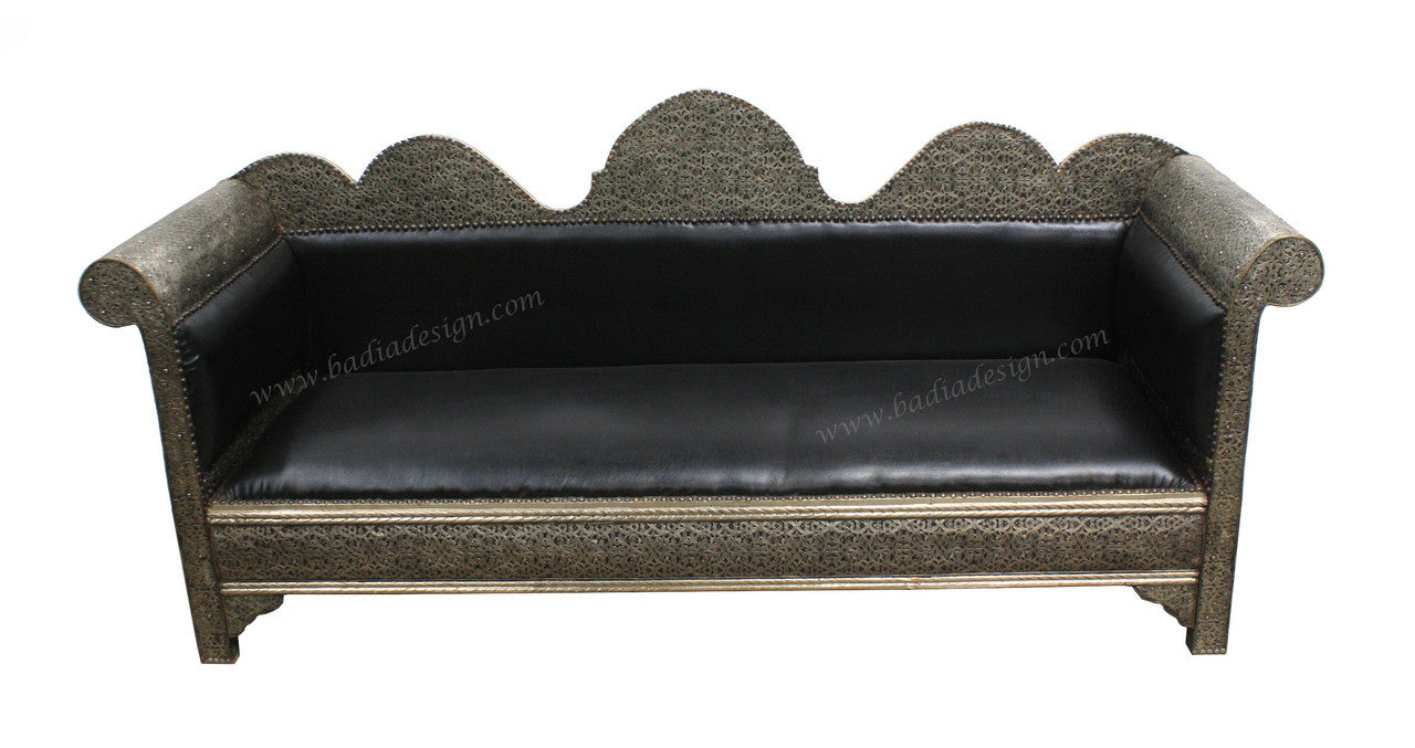 Carved Embossed Nickel Silver Sofa with Leather Seat