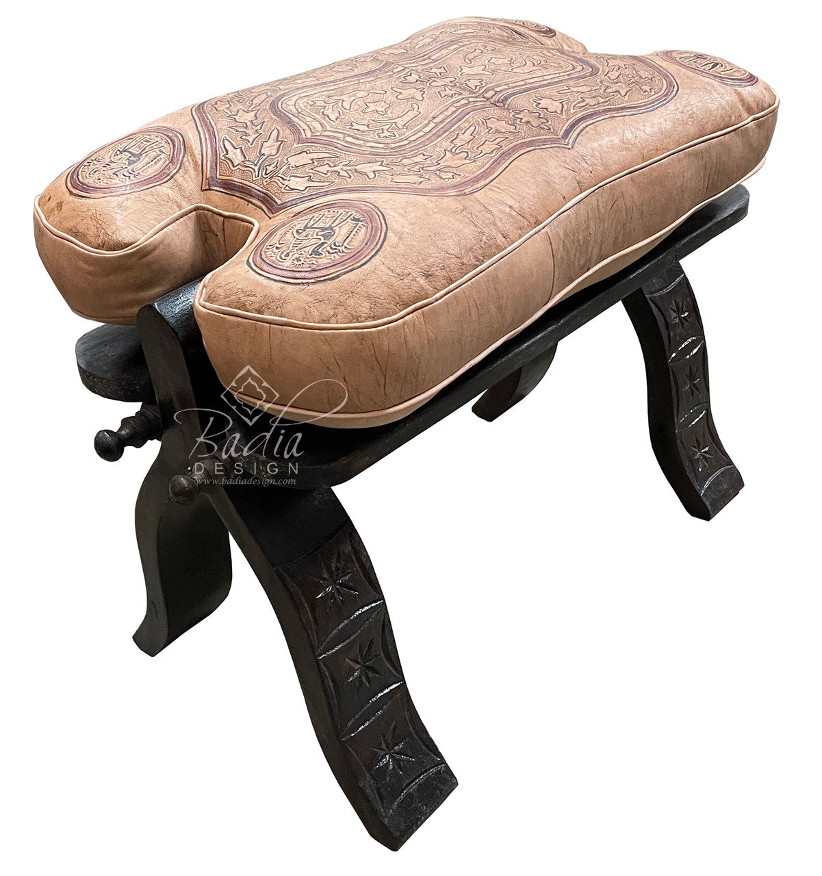 Beige Leather Ottoman with Carved Wood Base