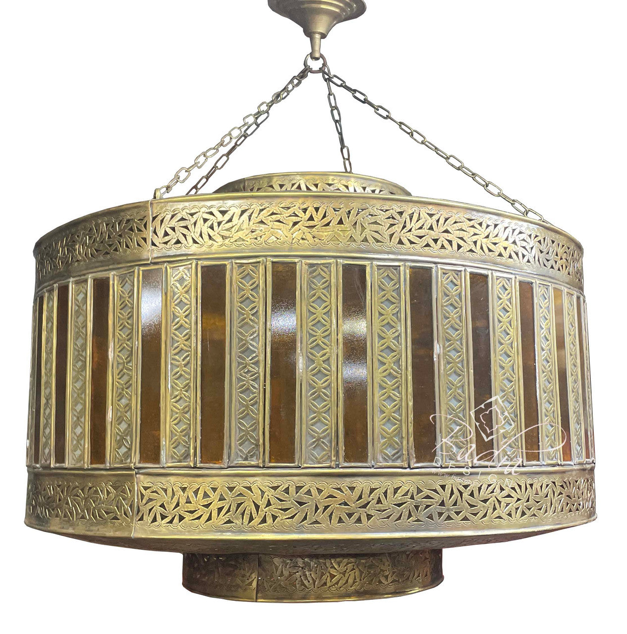 Brass Chandelier with Amber Color Glass