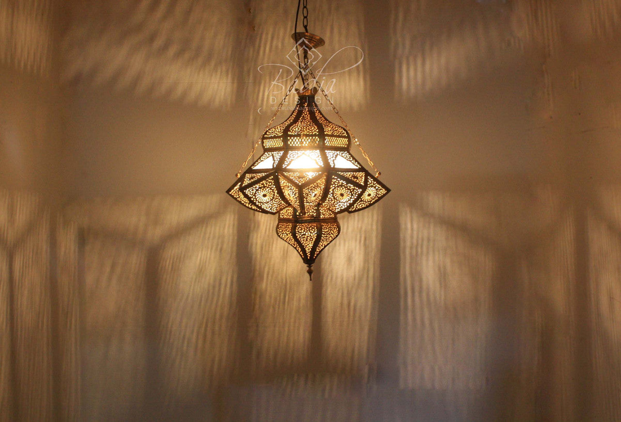 Brass Chandelier with Frosted White Glass
