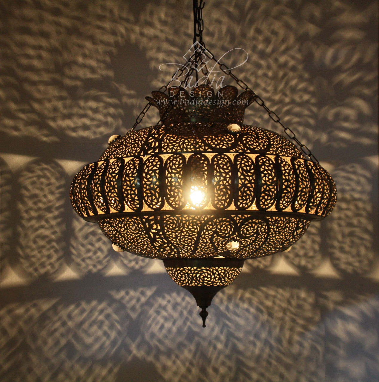 Hand Punched Brass Chandelier with White Glass Eyelets