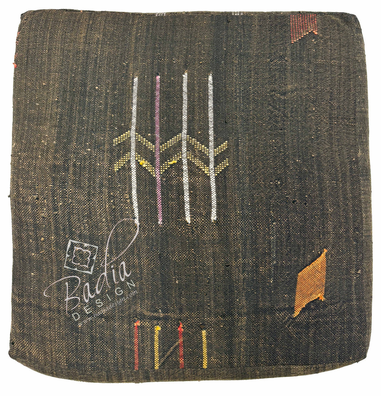 Dark Brown Kilim Floor Cushion with Geometric Accents