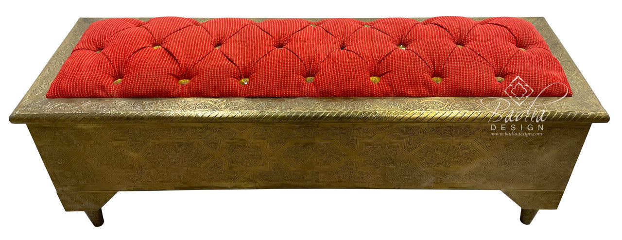 Hand Carved Embossed Brass Bench with Fabric Seat