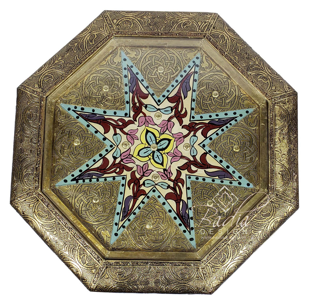 Octagonal Hand Carved Brass Table with Glass Top
