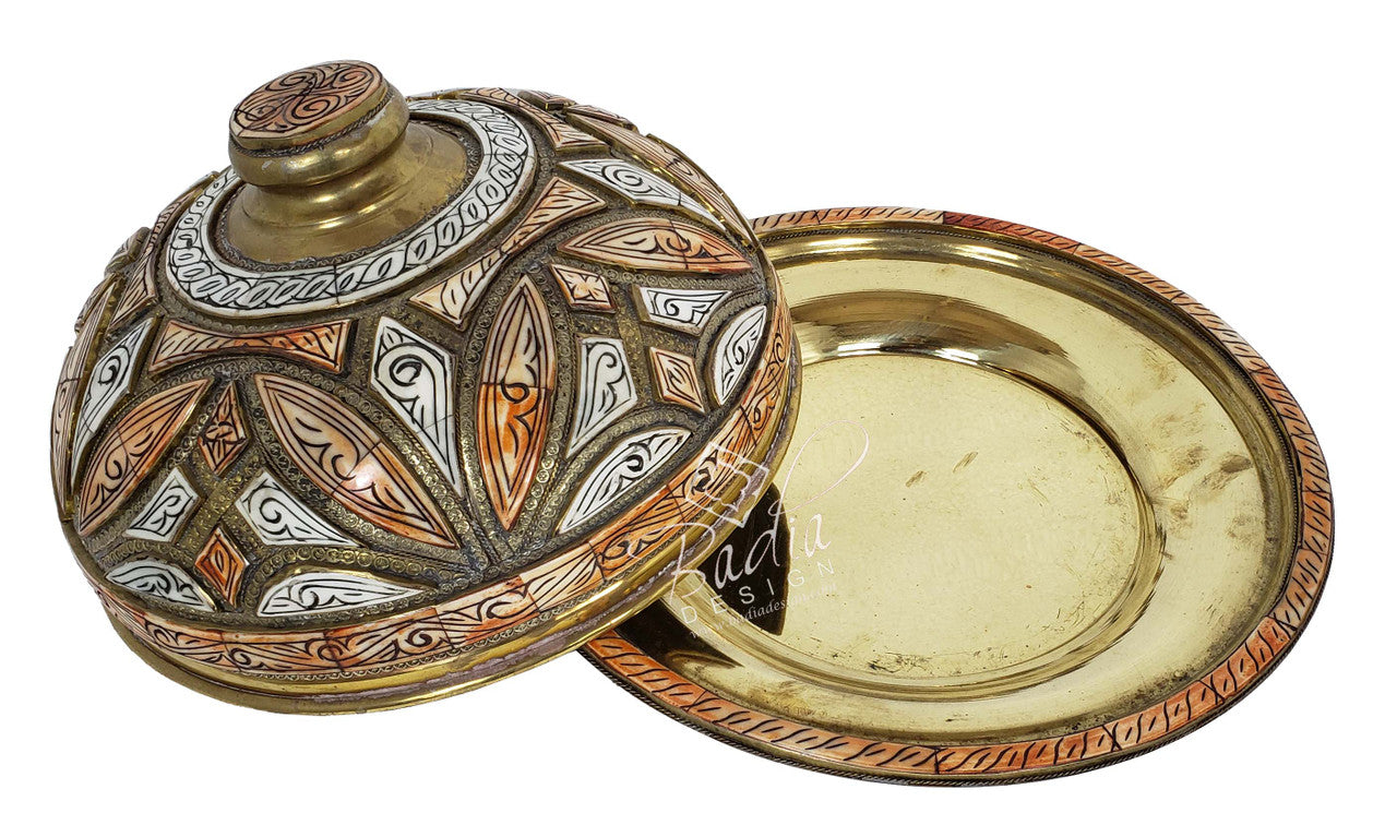 Round Embossed Brass and Bone Inlay Tray