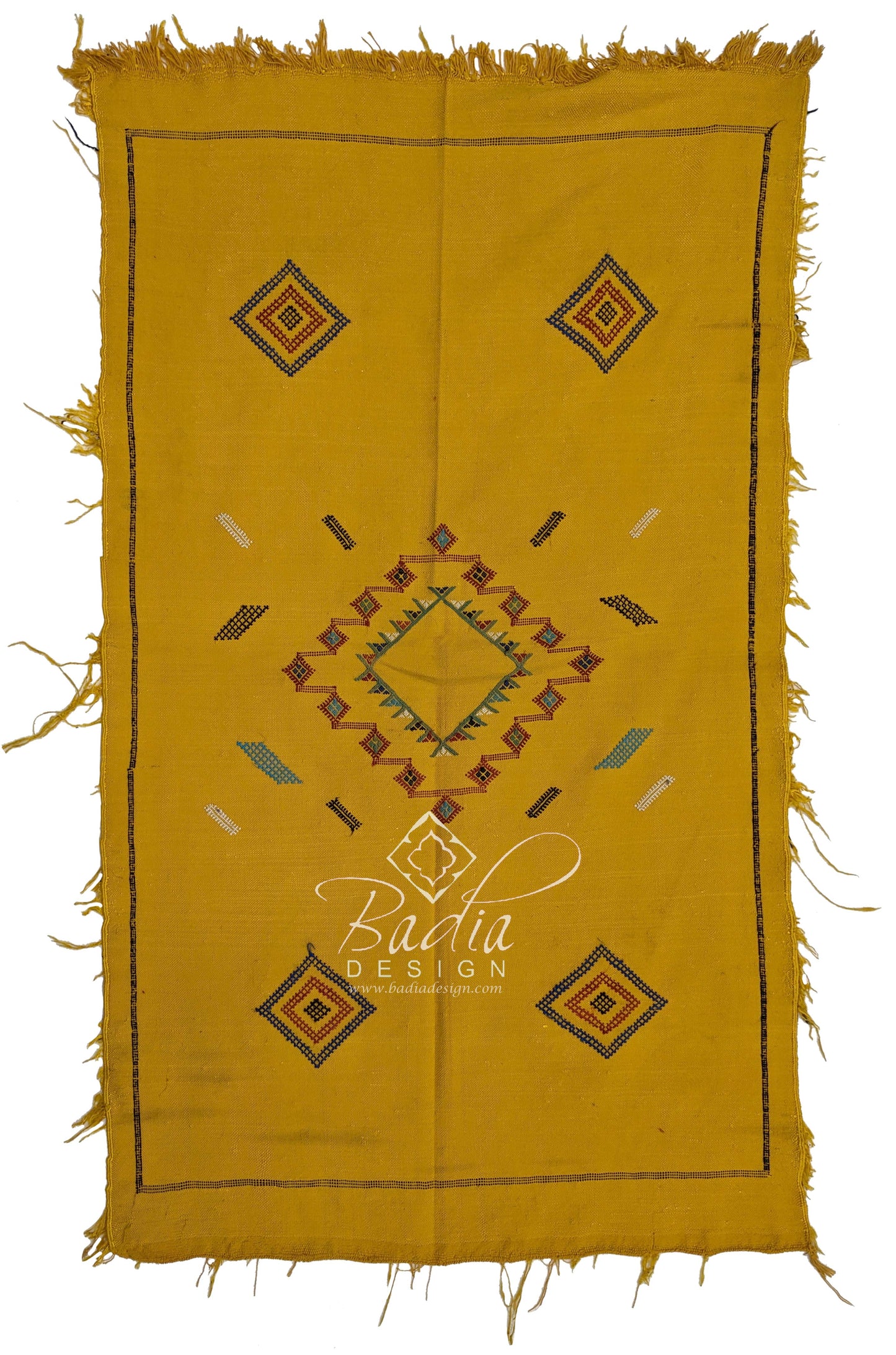 Yellow Tribal Rug with Embroidered Geometric Designs