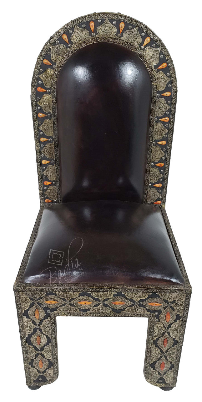 Vintage Embossed Metal Bone Inlay Chair with Leather Seat