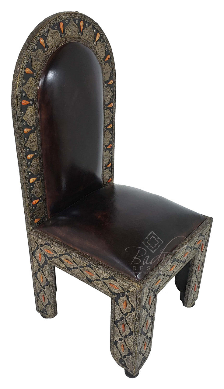 Vintage Embossed Metal Bone Inlay Chair with Leather Seat