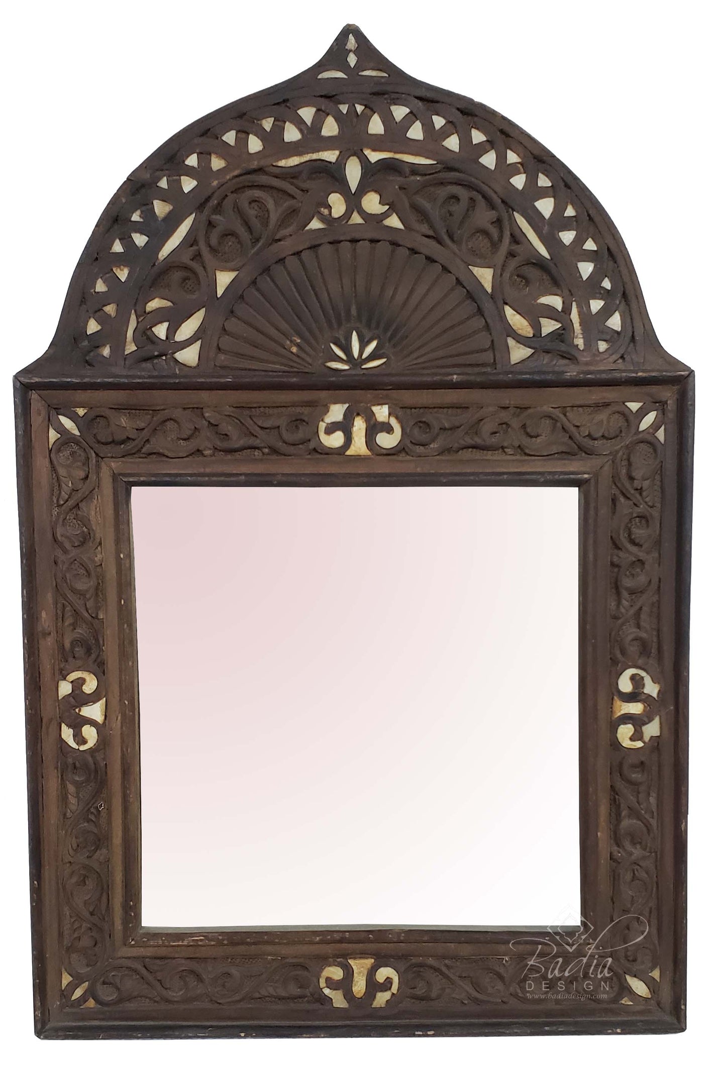 Moroccan Vintage Hand Carved Wooden Mirror with Bone Inlay
