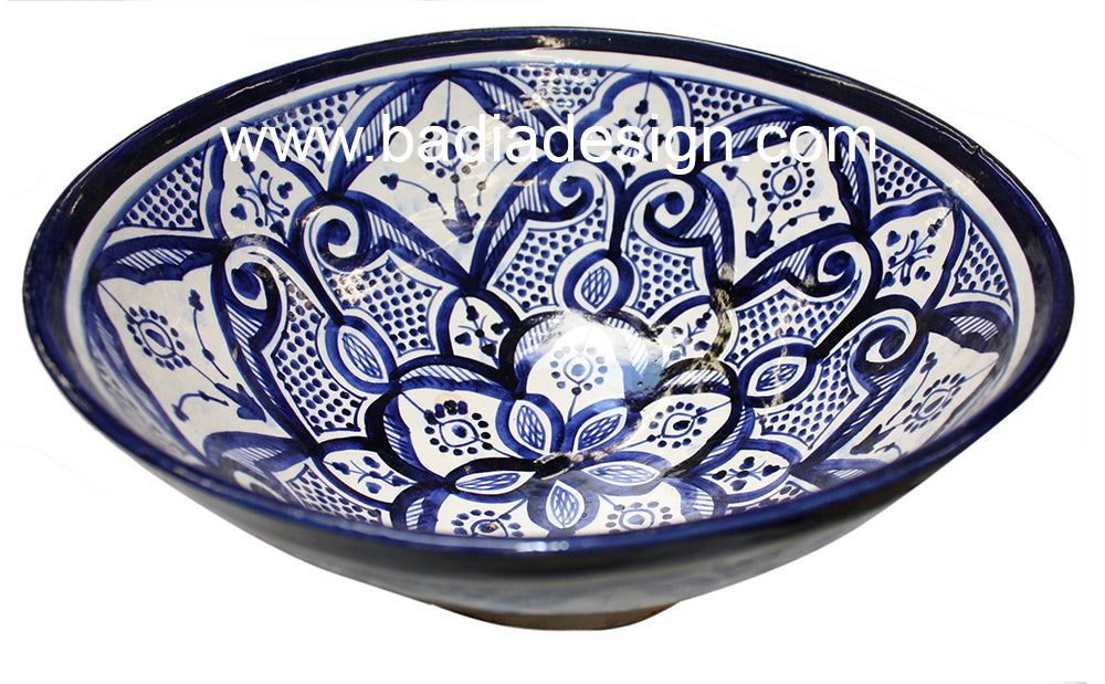 Moroccan Blue White Hand Painted Floral Ceramic Bowl