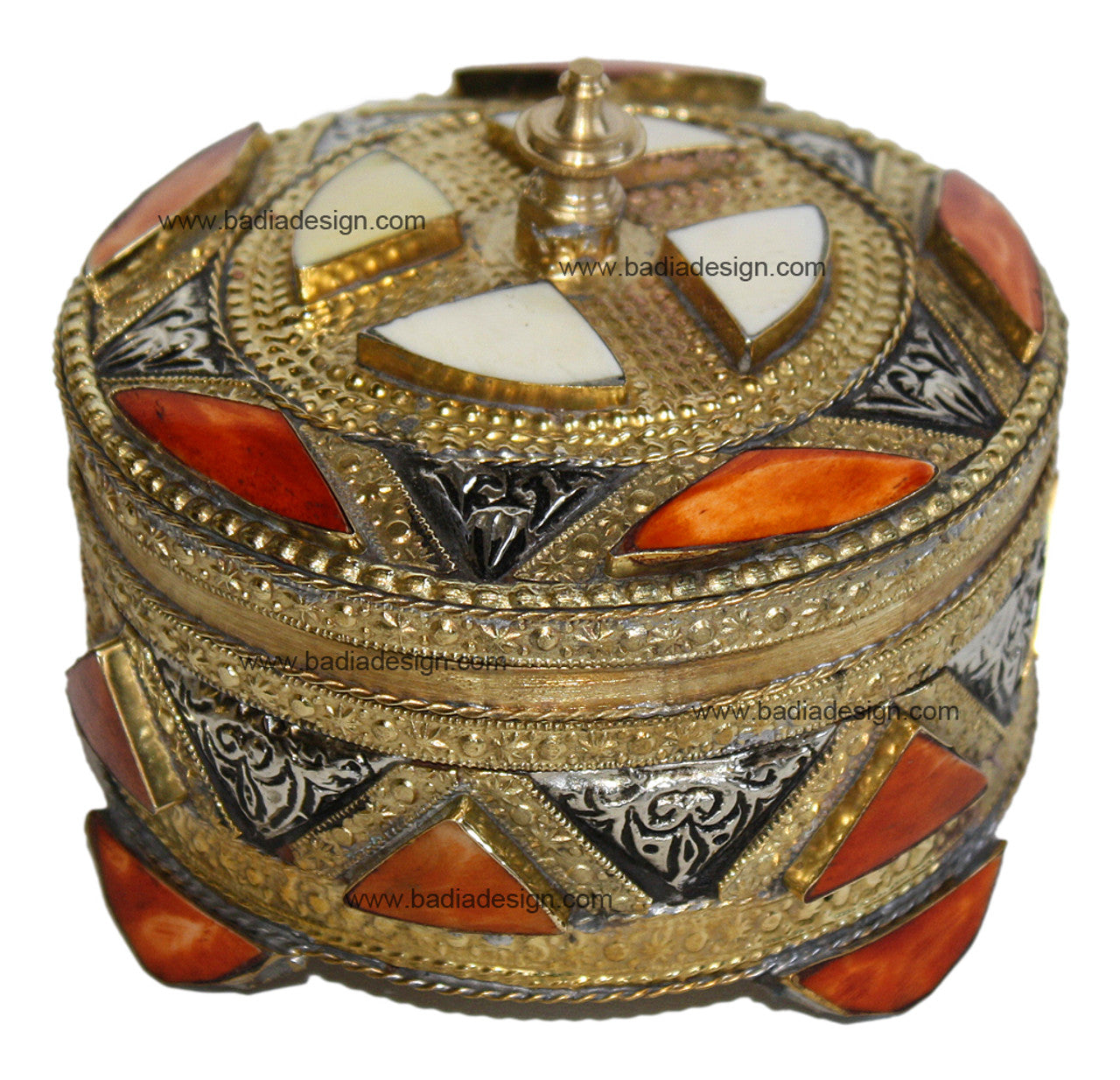 Small Round Metal and Bone Jewelry Box