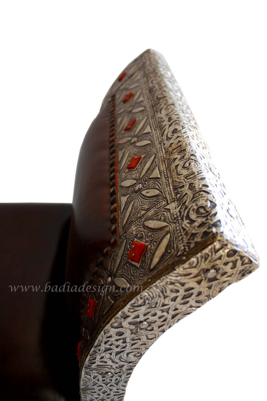 Bone Inlay Embossed Metal Bench with Leather Seat