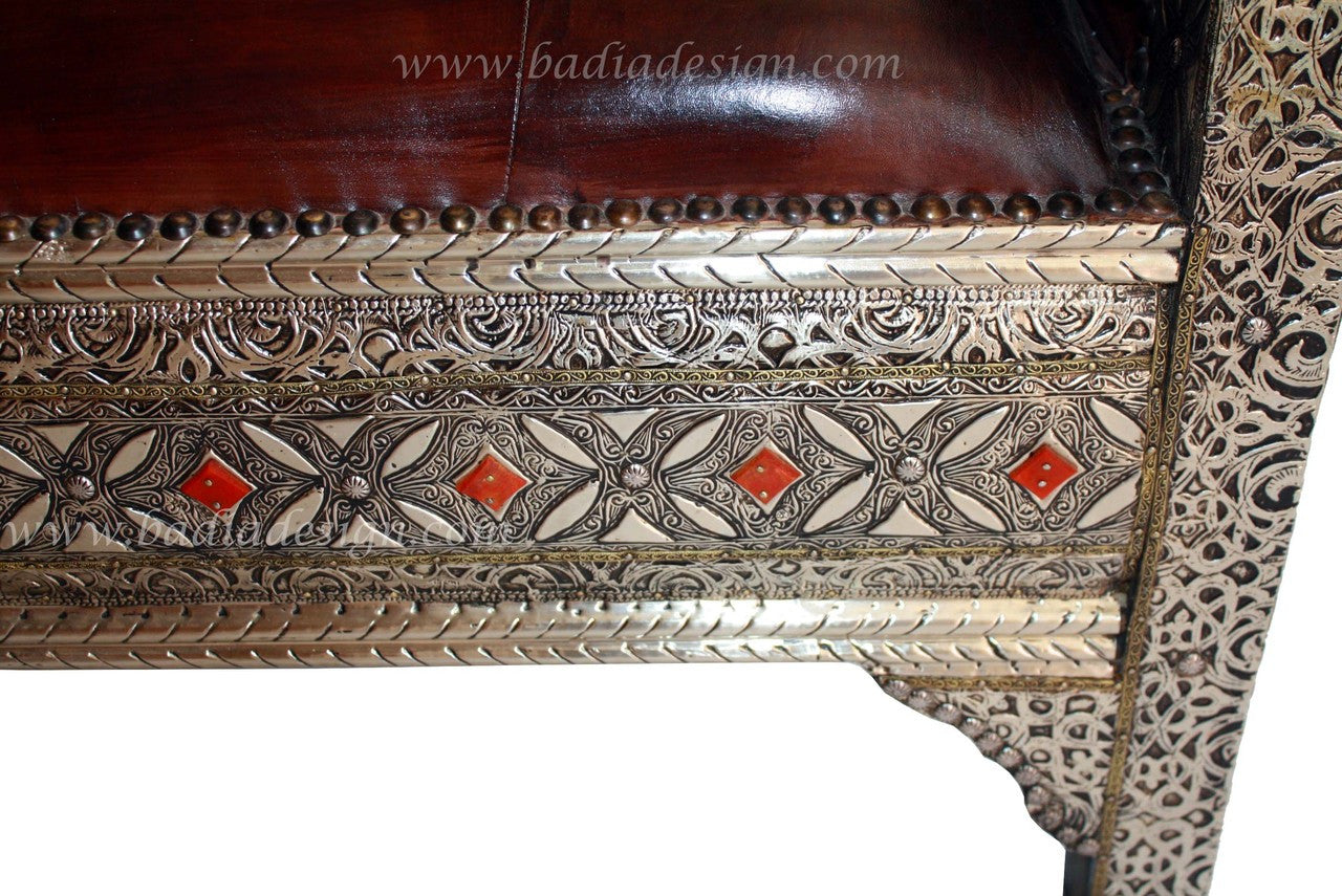 Bone Inlay Embossed Metal Bench with Leather Seat