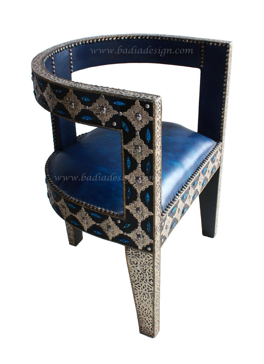 Moroccan Embossed Metal Chair with Leather Seat