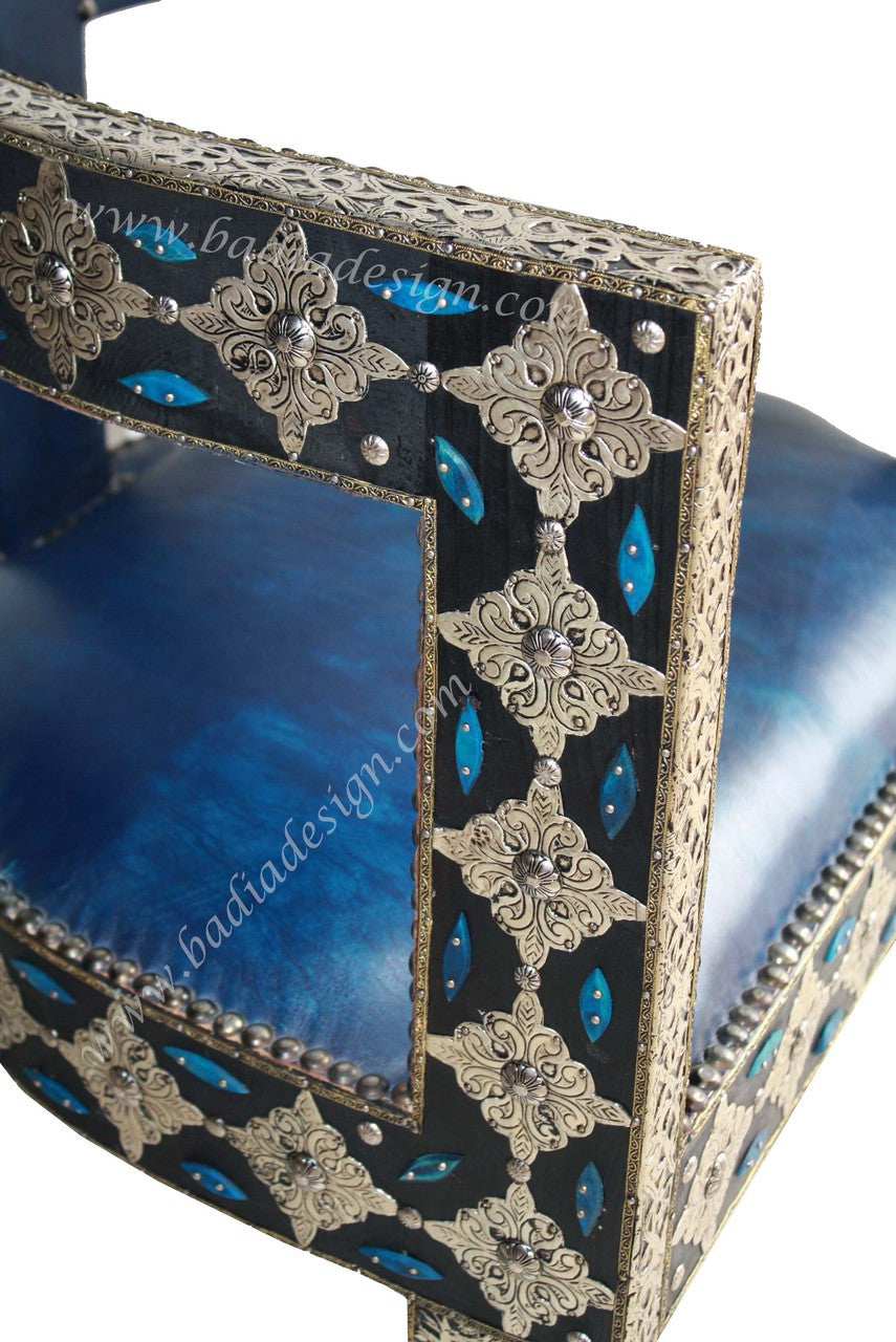 Moroccan Embossed Metal Chair with Leather Seat