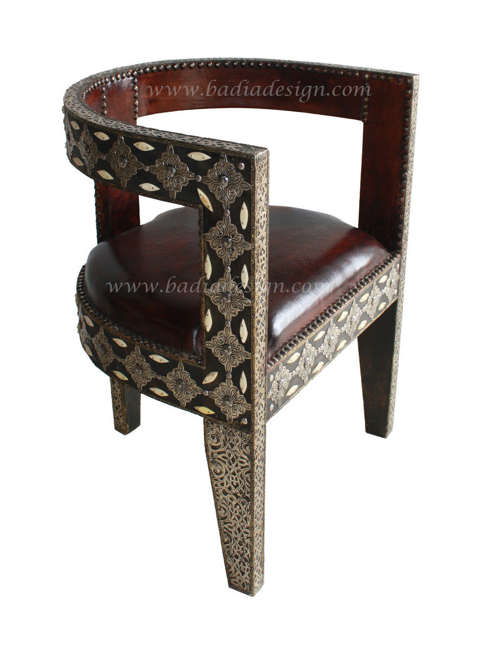 Moroccan Embossed Metal Chair with Leather Seat