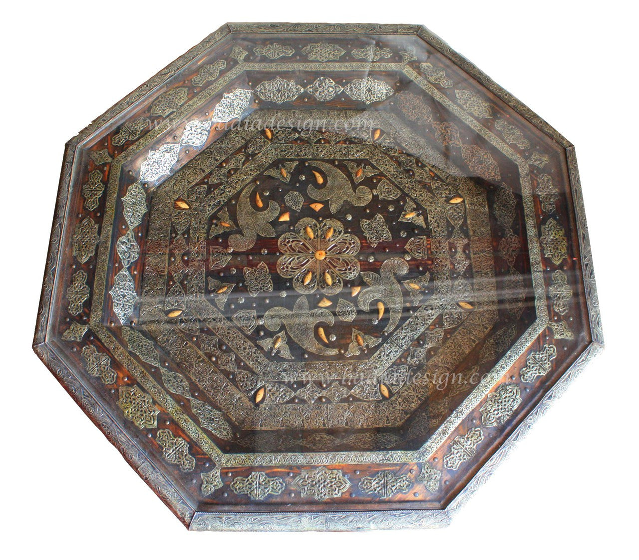 Octagon Embossed Metal and Bone Table with Glass Top