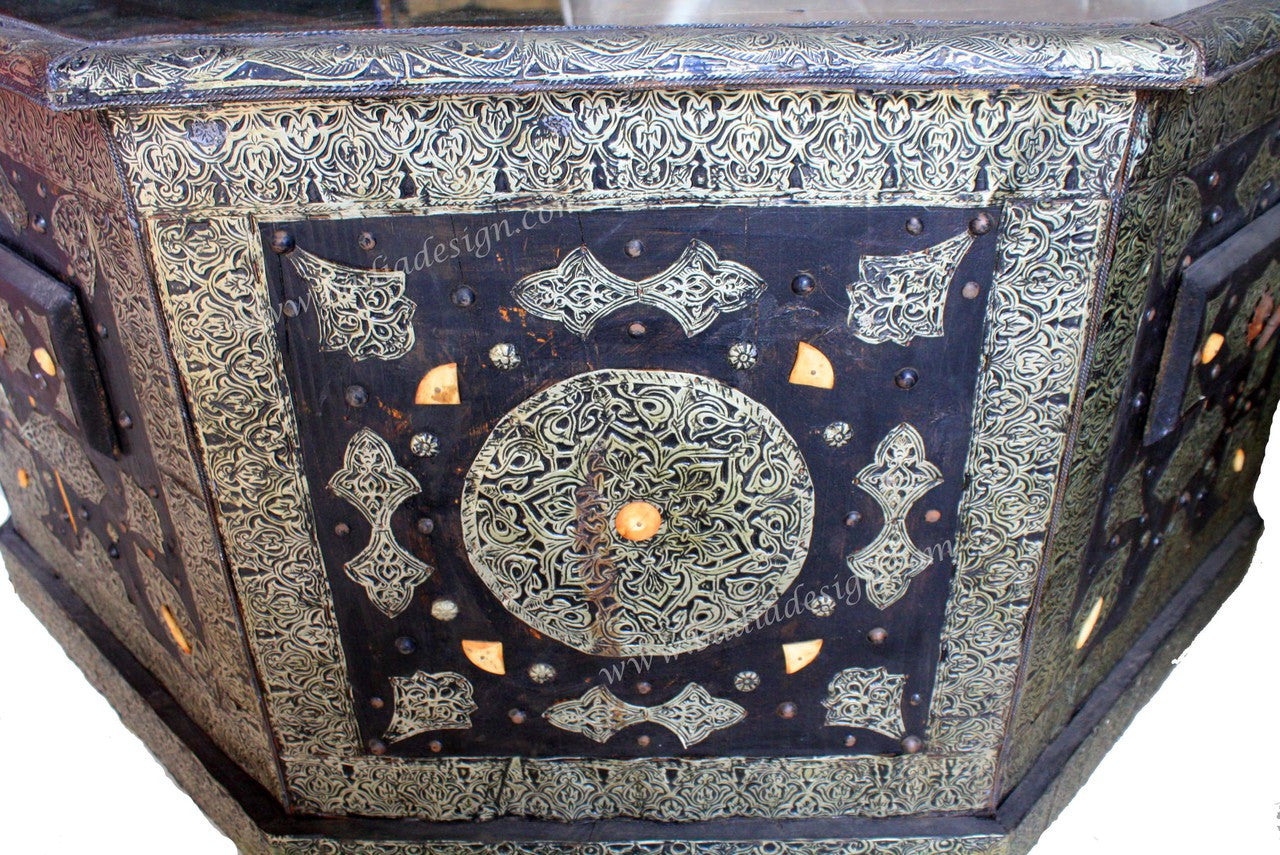 Octagon Embossed Metal and Bone Table with Glass Top