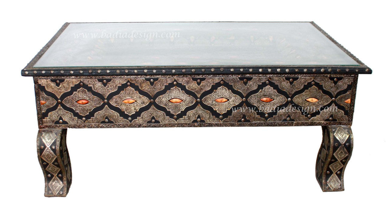 Embossed Metal and Bone Table with Glass Top