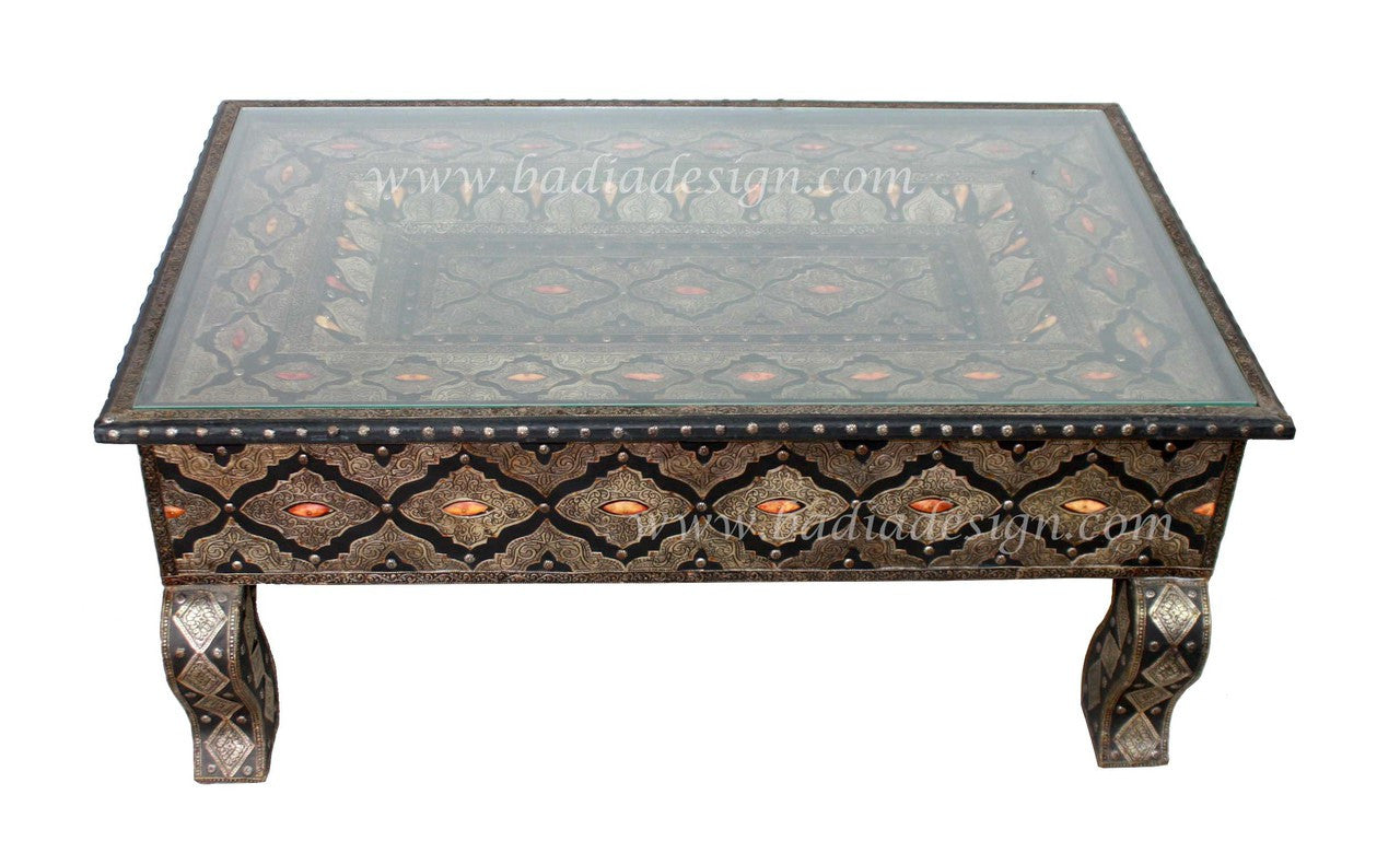 Embossed Metal and Bone Table with Glass Top