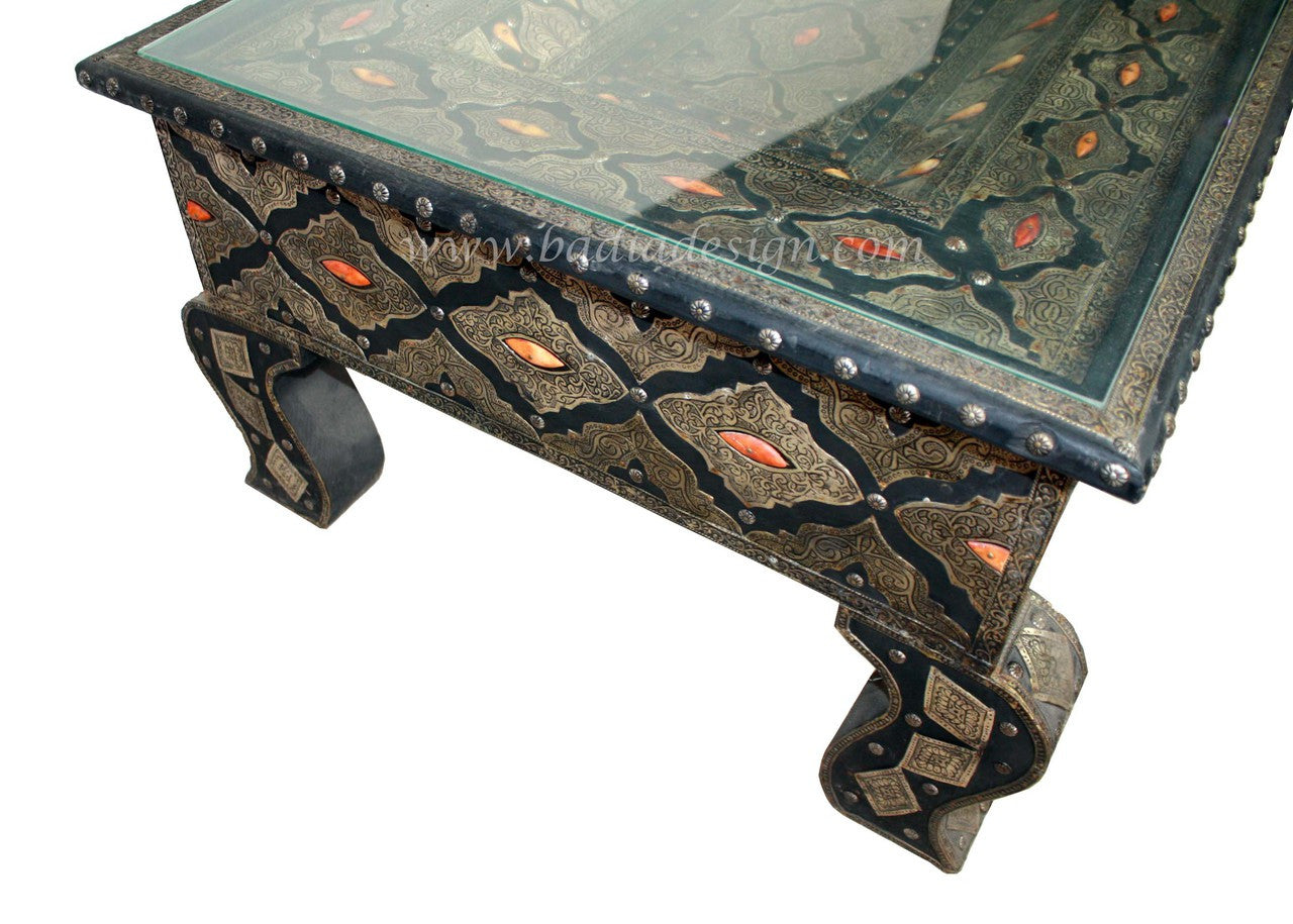 Embossed Metal and Bone Table with Glass Top