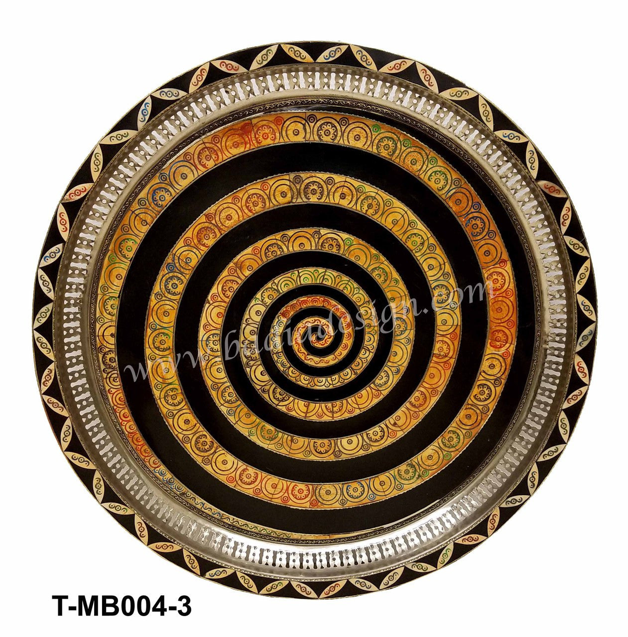 Round Embossed Brass and Orange Bone Inlay Tray