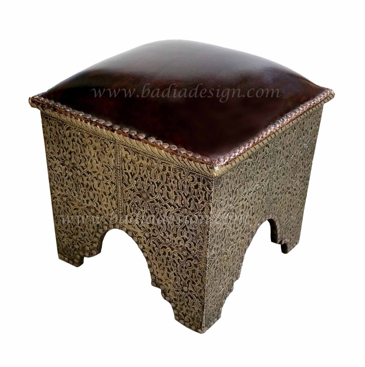 Embossed Metal and Brown Leather Ottoman