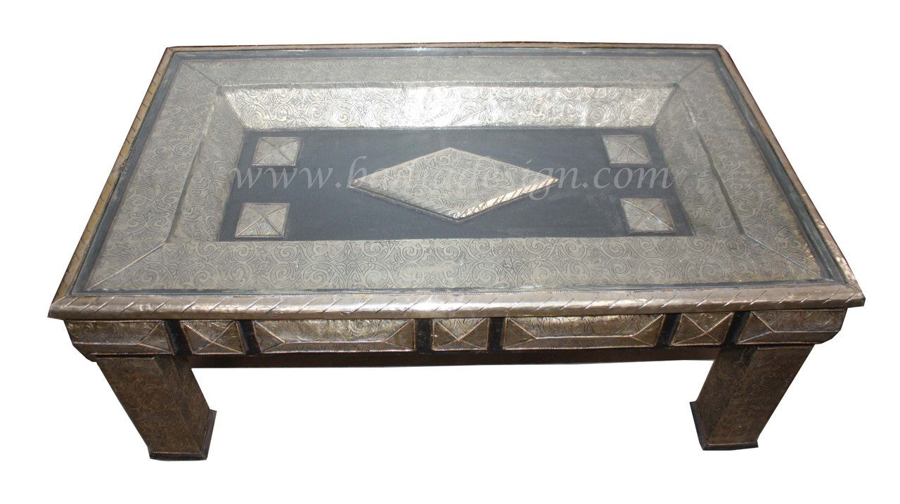 Cedar Carved Embossed Metal Table with Glass Top