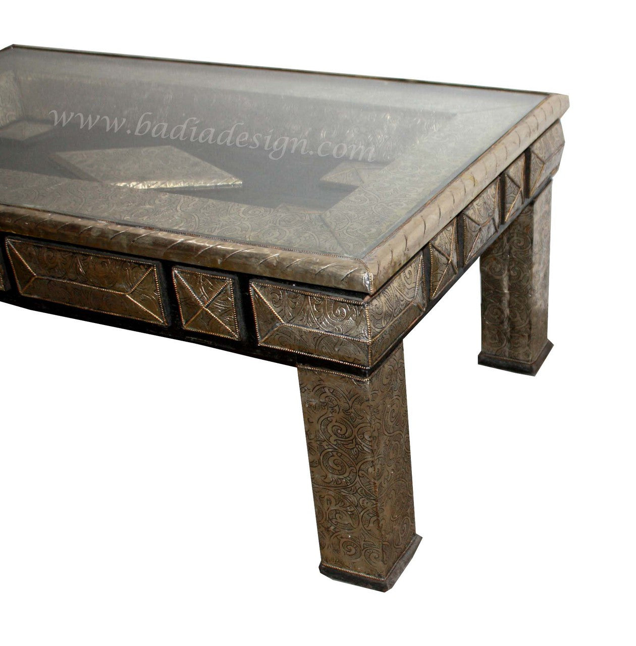 Cedar Carved Embossed Metal Table with Glass Top