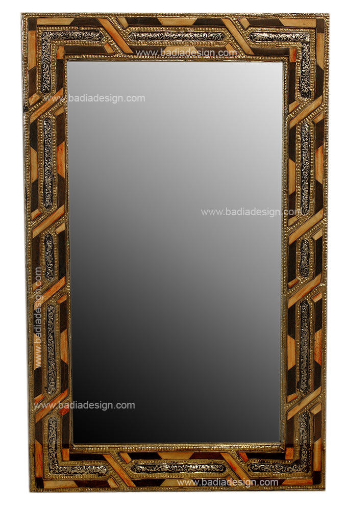 Embossed Metal and Bone Inlay Moroccan Mirror