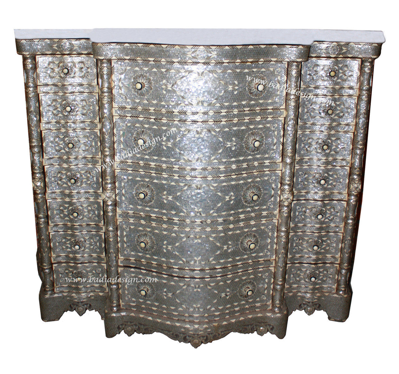 Grandiose Mother of Pearl Inlay Dresser with White Marble Top