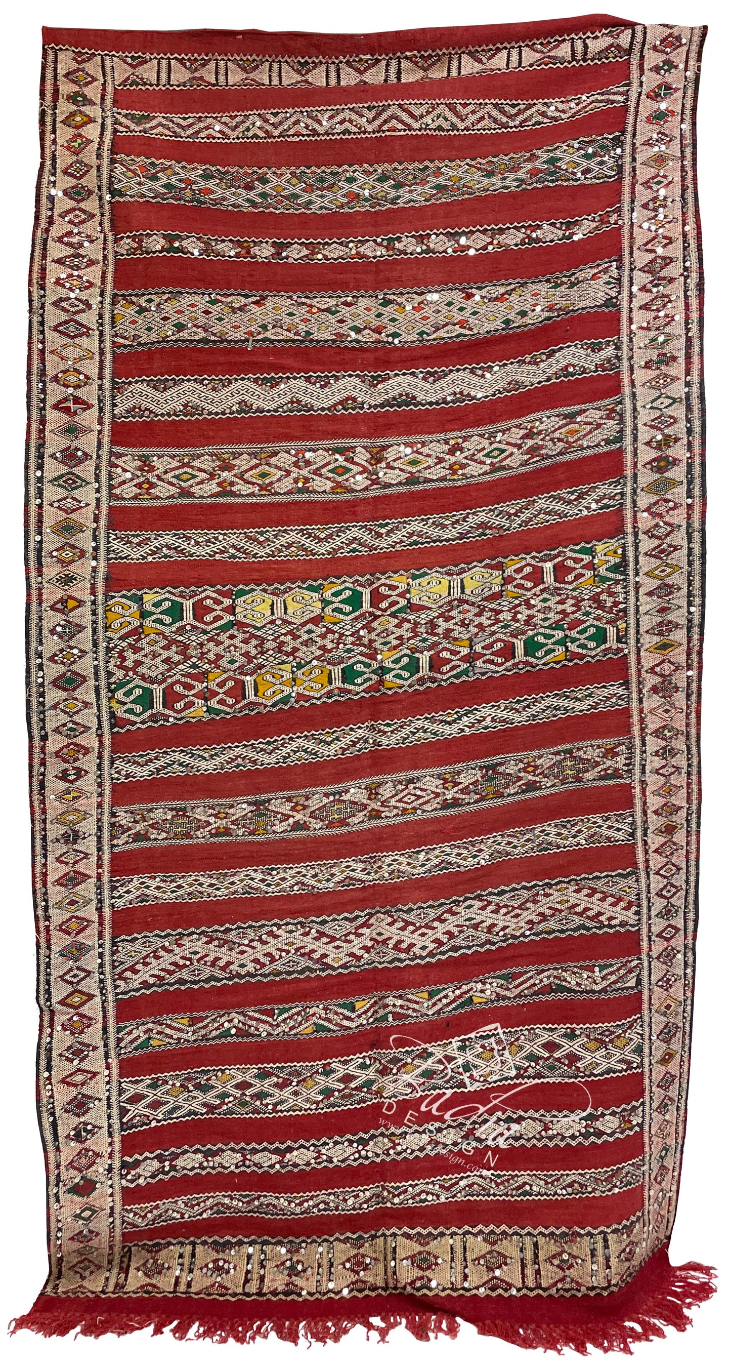 Red Multi-Color Moroccan Kilim Rug with Silver Sequins