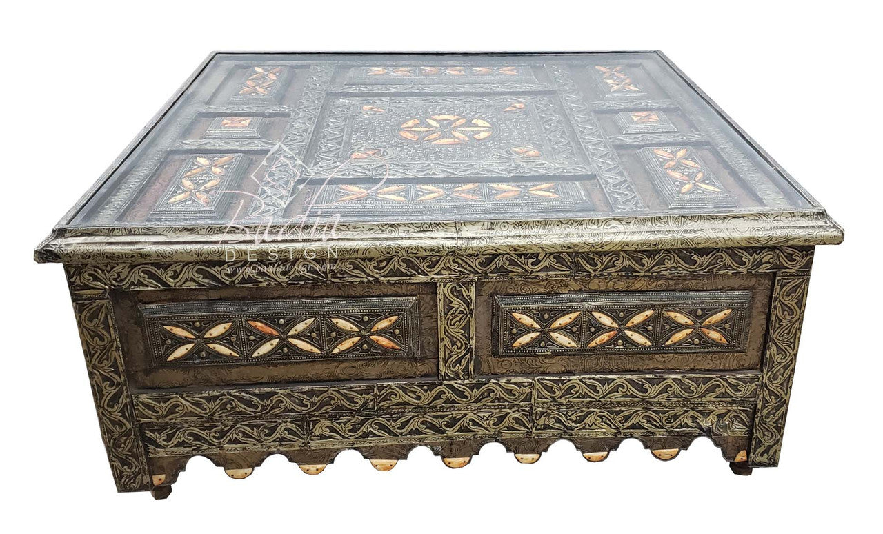 Square Metal and Bone Table with Glass Top