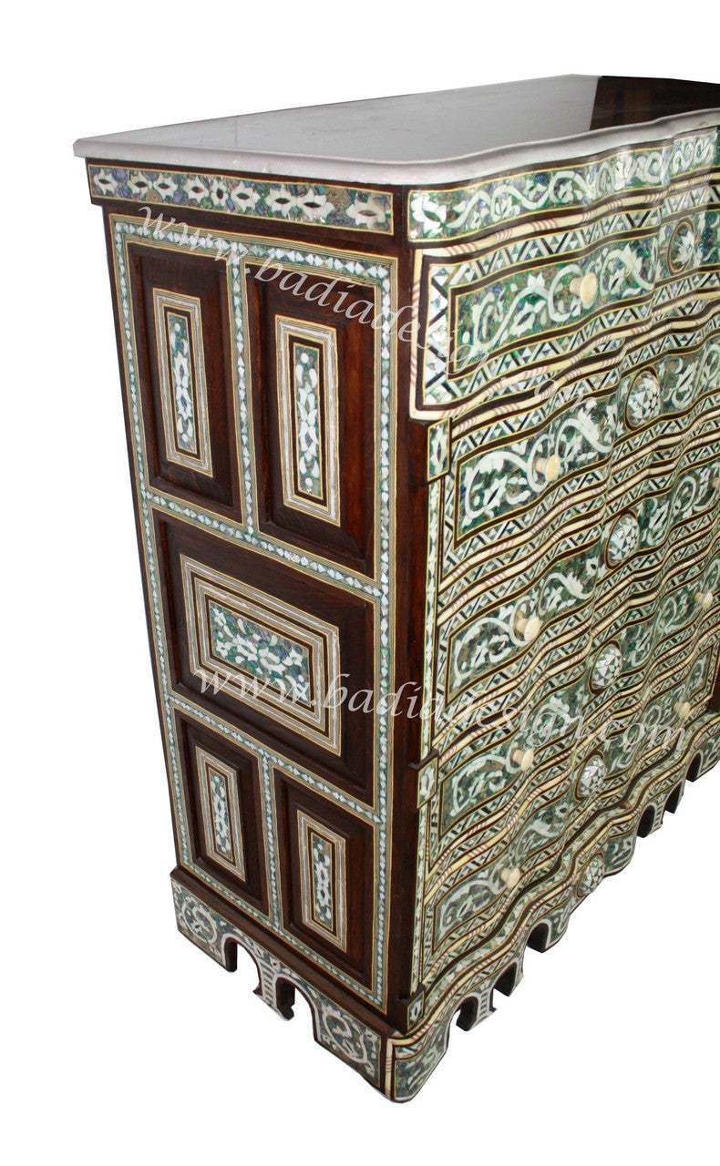 Syrian Mother of Pearl Inlay Dresser with White Marble Top