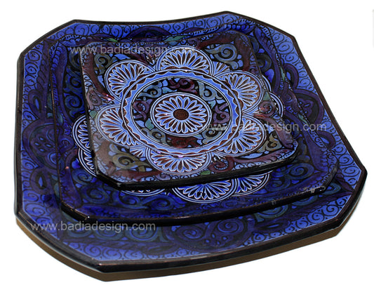 Blue Hand Painted Carved Ceramic Square Plate