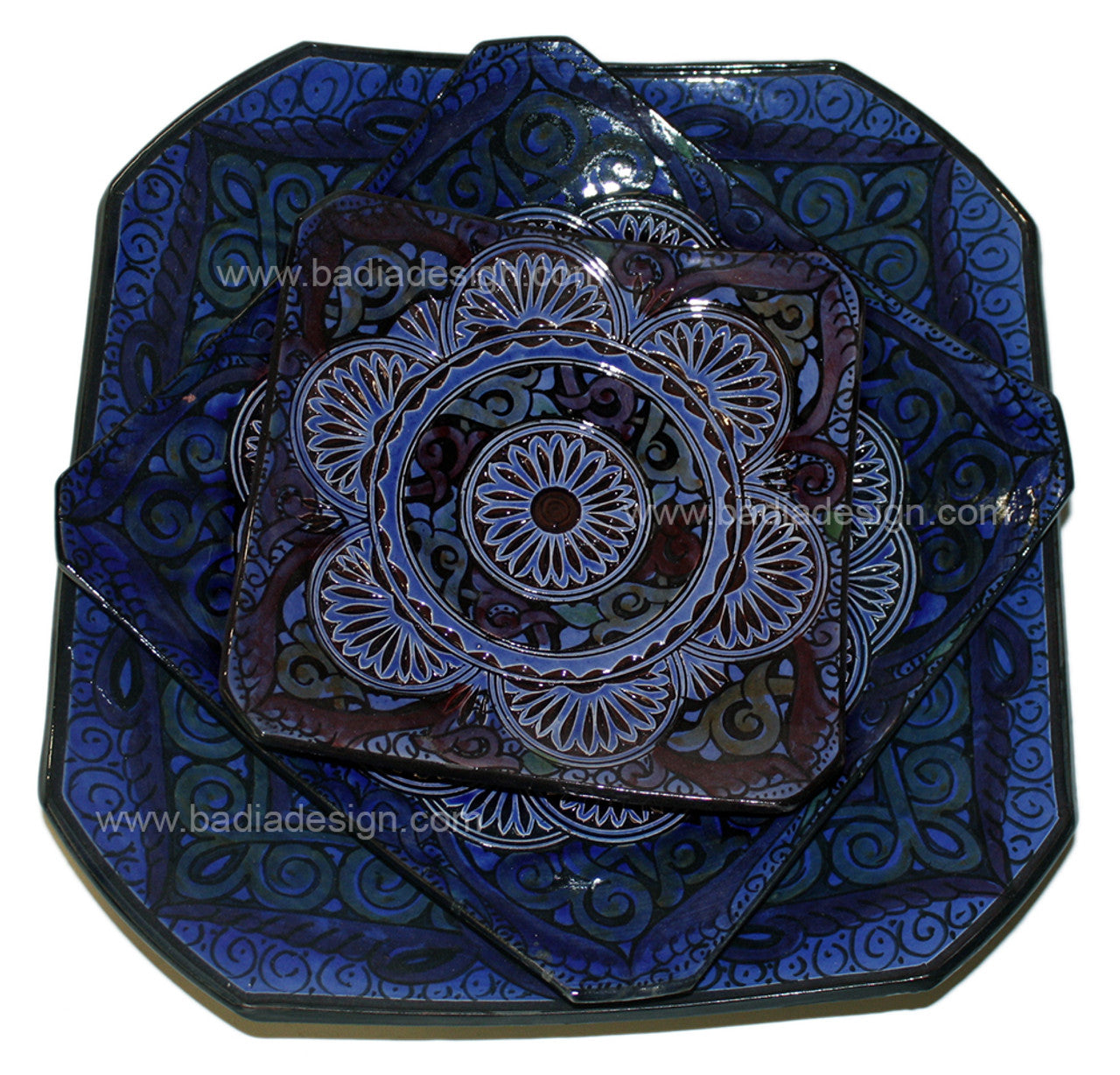 Blue Hand Painted Carved Ceramic Square Plate
