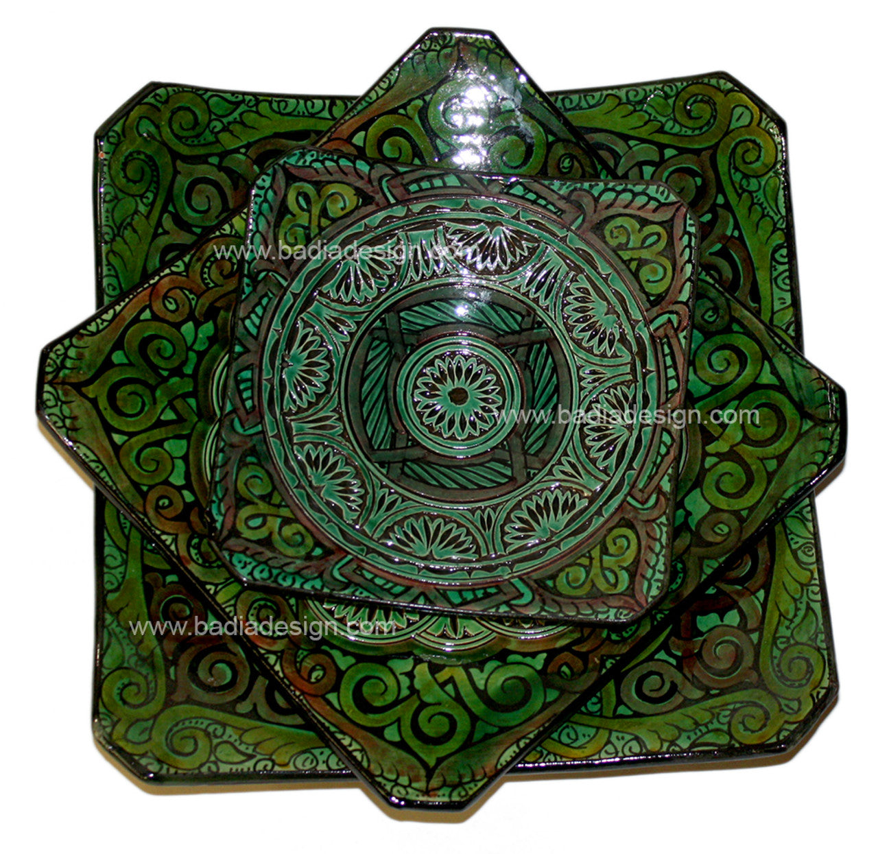 Green Hand Painted Carved Ceramic Square Plate