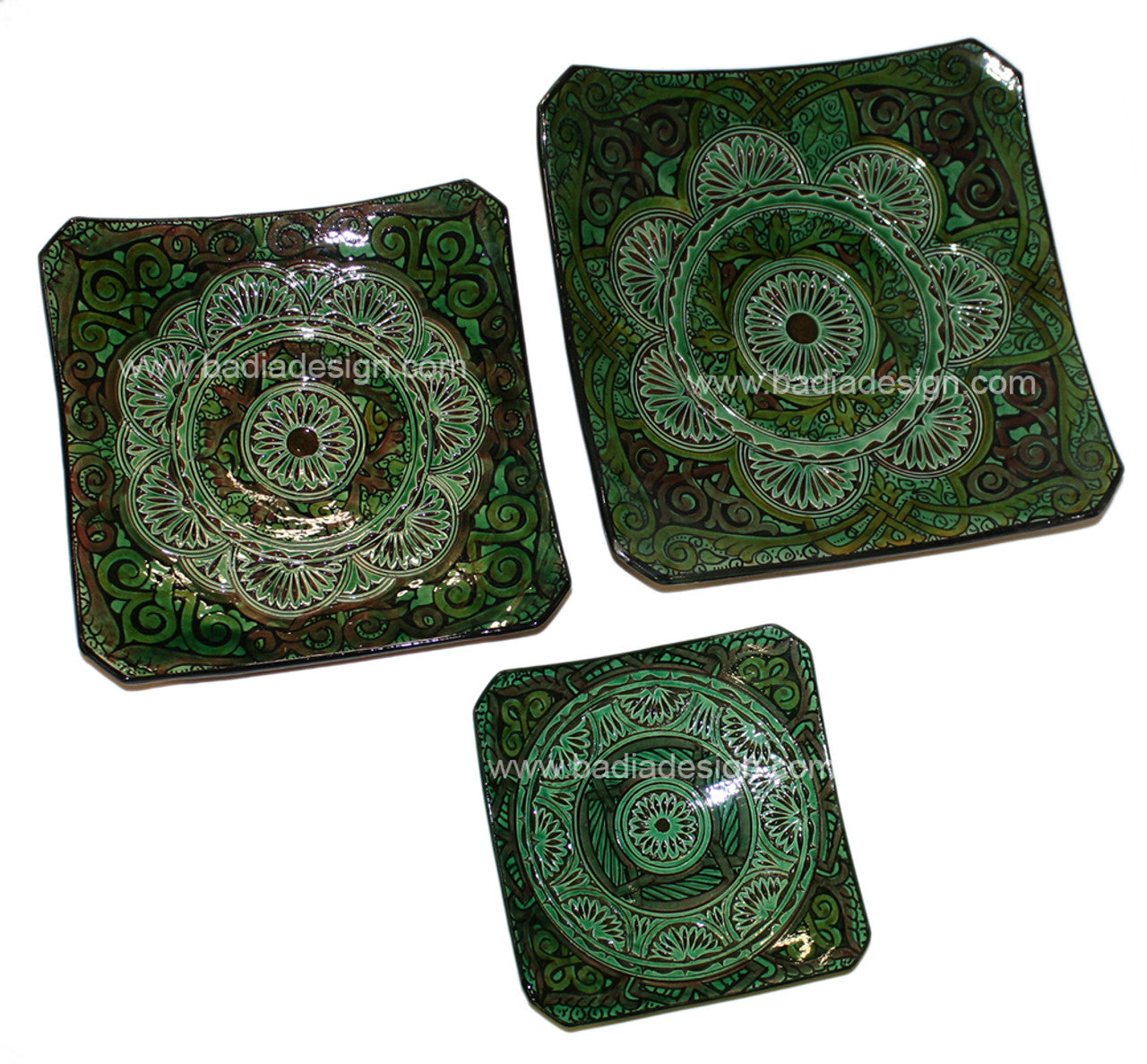 Green Hand Painted Carved Ceramic Square Plate