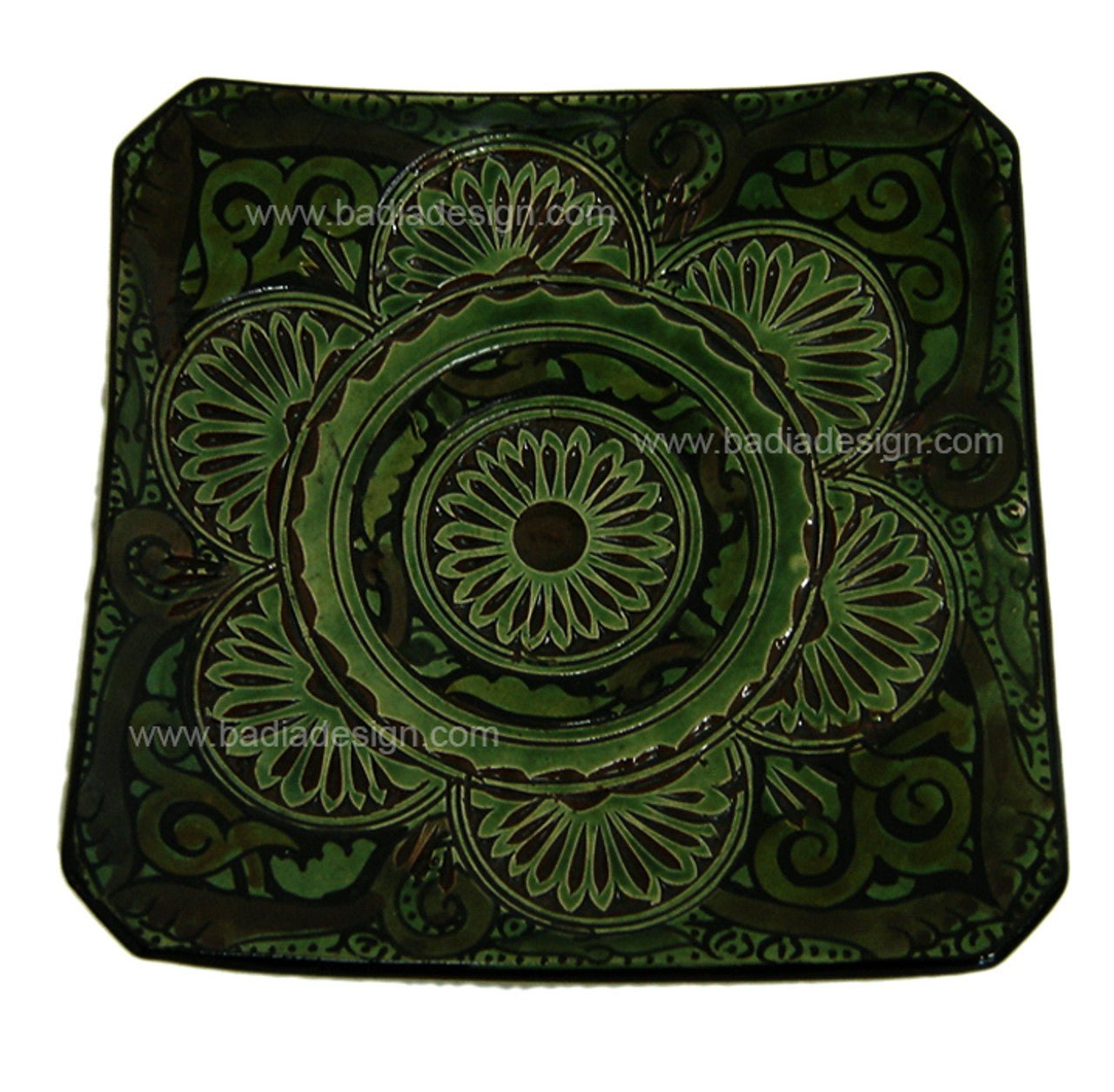 Green Hand Painted Carved Ceramic Square Plate