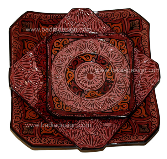 Red Hand Painted Carved Ceramic Square Plate
