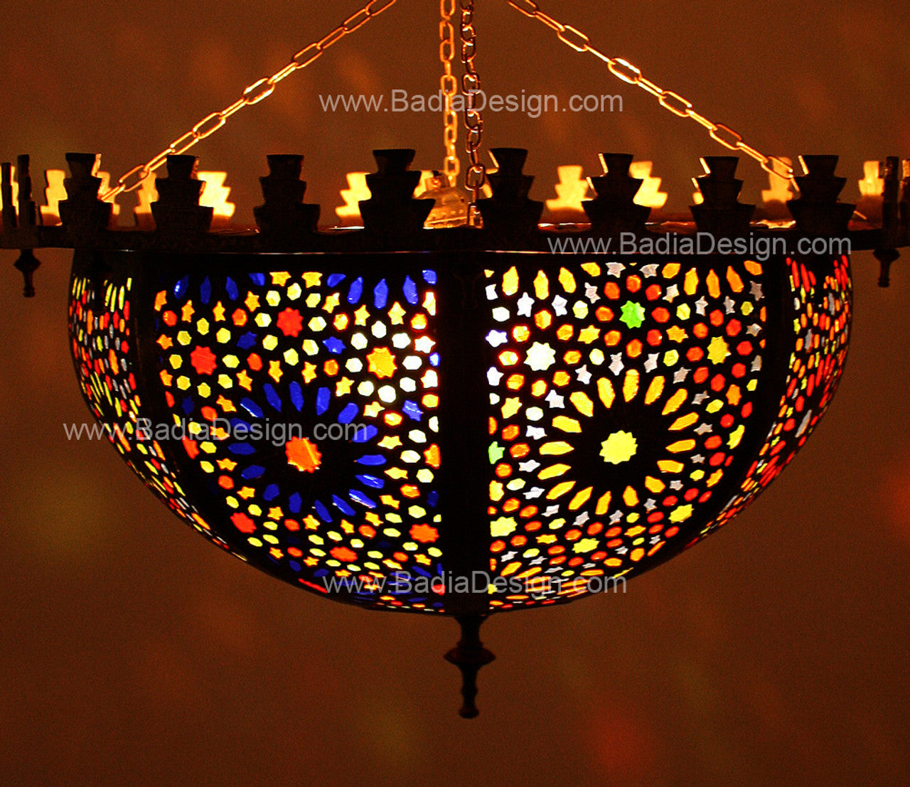 Brass with Multi Color Glass Inverted Bowl Chandelier