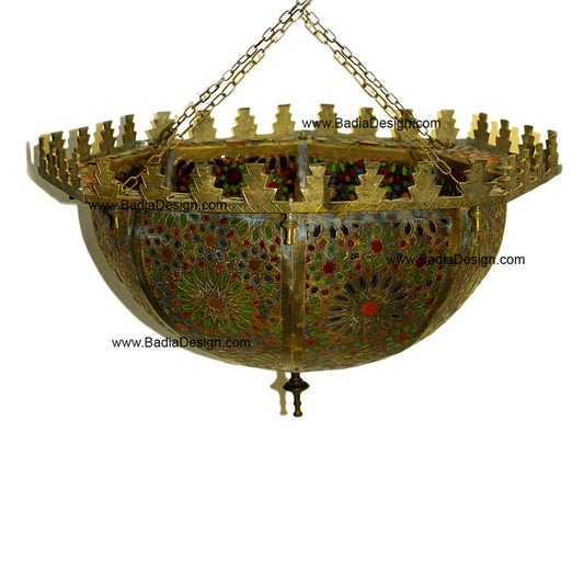 Brass with Multi Color Glass Inverted Bowl Chandelier